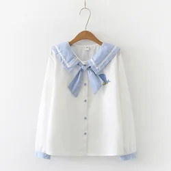 Vintage Sailor White Shirts Women Blouse Cute Bow Tie Front Kawaii Long Sleeve Top Girls Anime Cosplay Costume School JK Uniform