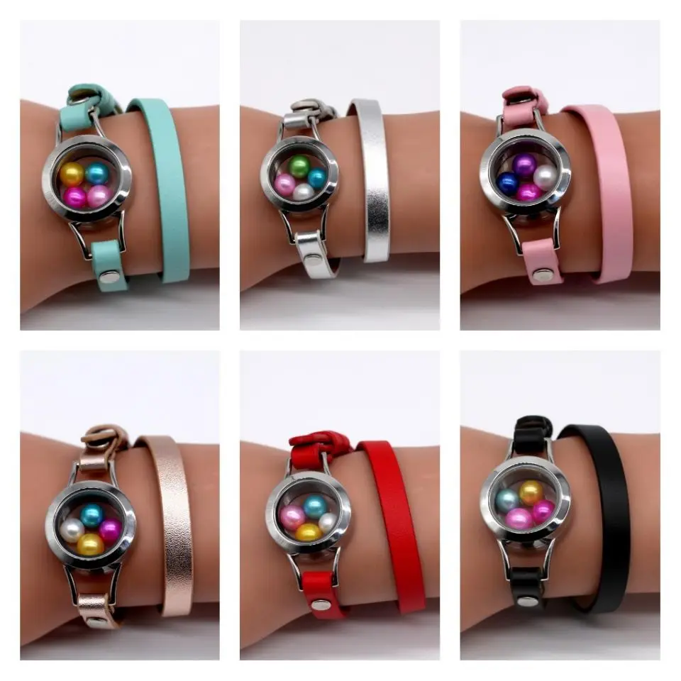 Black Leather Warp Lockets Bracelet 7 colors Stainless Steel Pearl Locket Bracelet fit for 6-8mm/3-4mm Pearls XK15