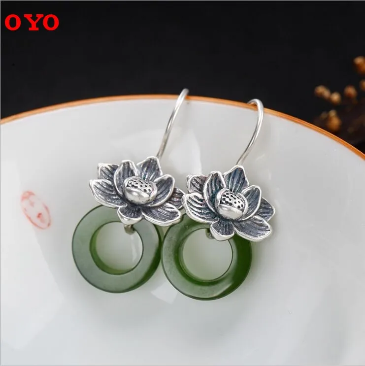 

100% real S925 sterling silver Natural Hetian jade jasper inlay lotus lady temperament wild earrings