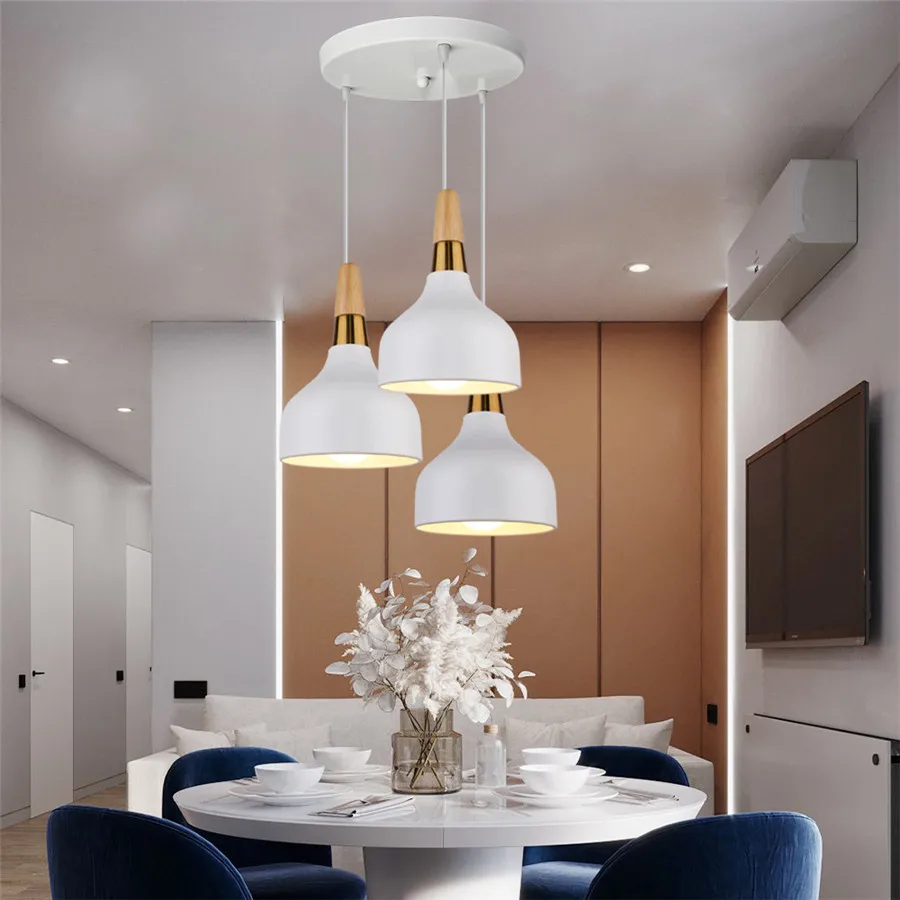 Modern Minimalist E27 Pendant Lights Bar Cafe Restaurant Home Decor Wood Aluminum Hanging Lamp 3-Heads White Lighting Chandelier