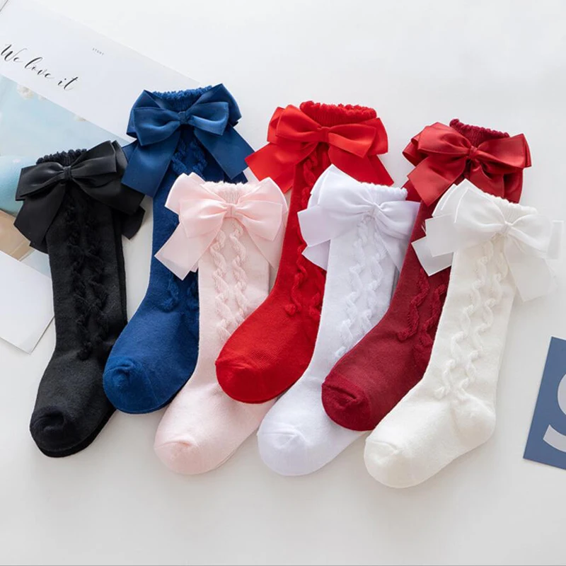 Chaussettes hautes avec gros nœuds pour fille, en coton, à tube long, pour enfant, princesse, pour Noël, nouvelle collection