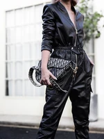 Nerazzurri Autumn Black Soft Faux Leather Cargo Jumpsuit Women Long Sleeve Zipper Luxury Designer Clothes 5xl 6xl 7xl - Image 2