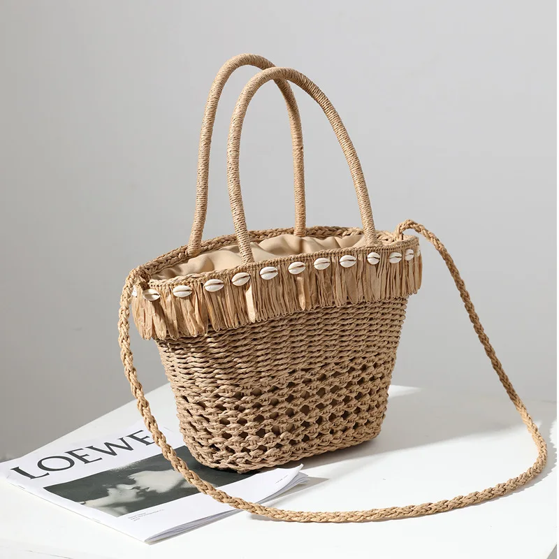 Shell Tassel Straw Woven Bag Woven Bag Women\'s Shoulder Portable Leisure Holiday Hollow Beach Bag Straw Bag New