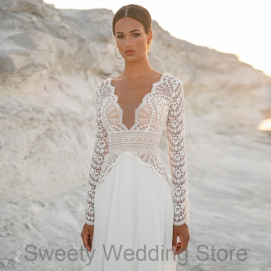 Nieuwe Bruid Jurken Sexy V-hals Lange Mouwen Bohemian Kant Bruidsjurken Backless Zomer Chiffon Mariage Boho Trouwjurk