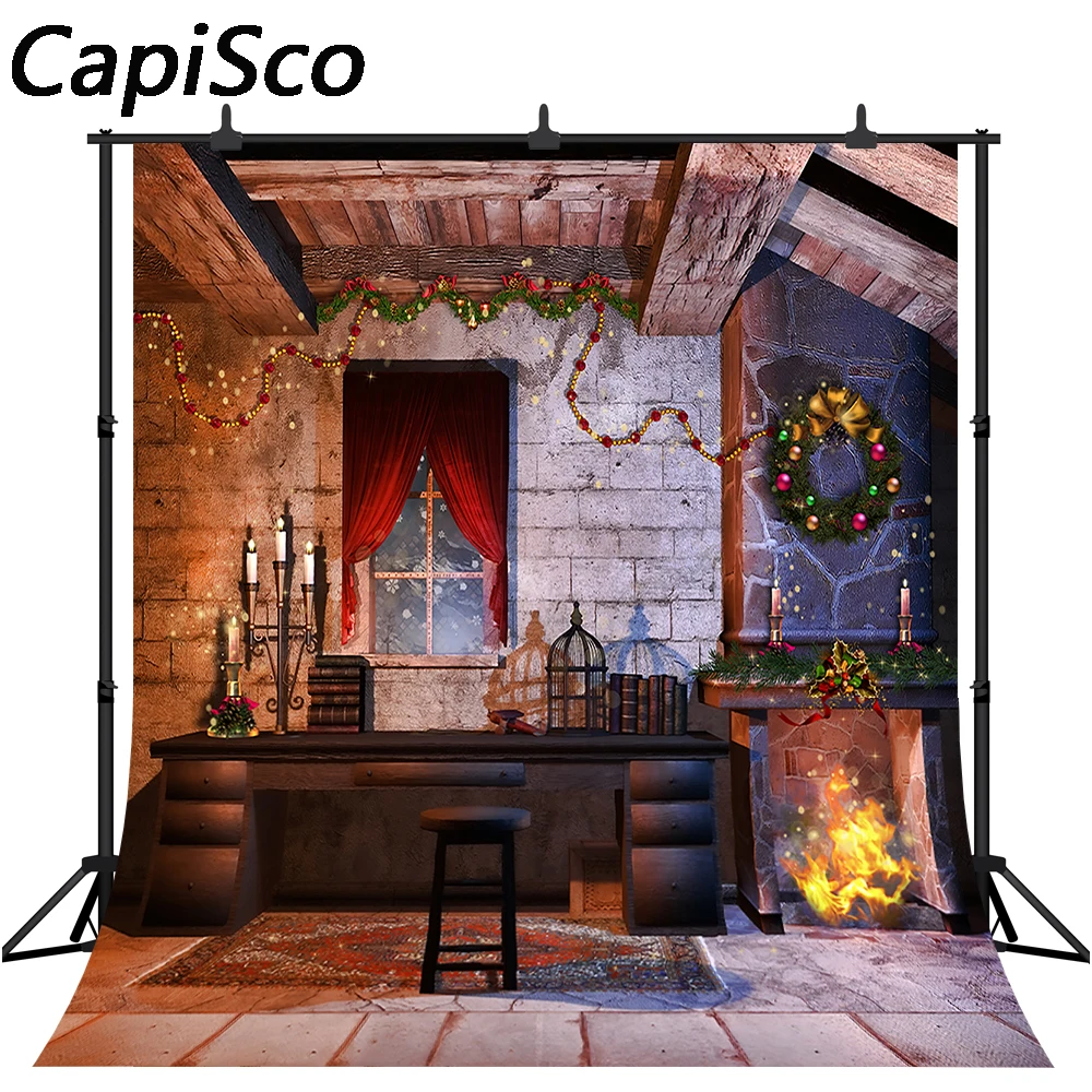 Capiscoคริสต์มาสฉากหลังฤดูหนาวในร่มเตาเตาผิงครอบครัวGatheringเด็กการถ่ายภาพพื้นหลังตกแต่งPhoto Props