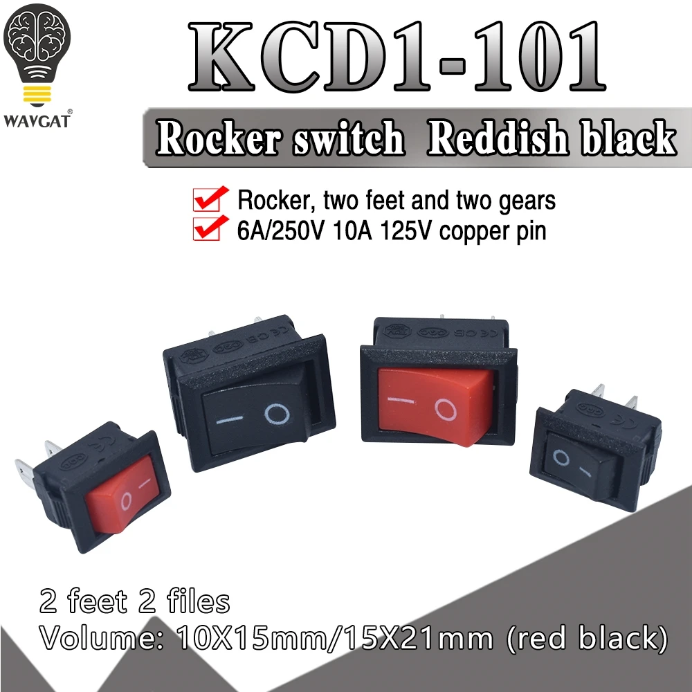 5pcs KCD1 Rocker Switch Push Button Mini Switch 6A-10A 250V KCD1-101 2Pin Snap-in On/Off 10*15 21*15MM Black Red White