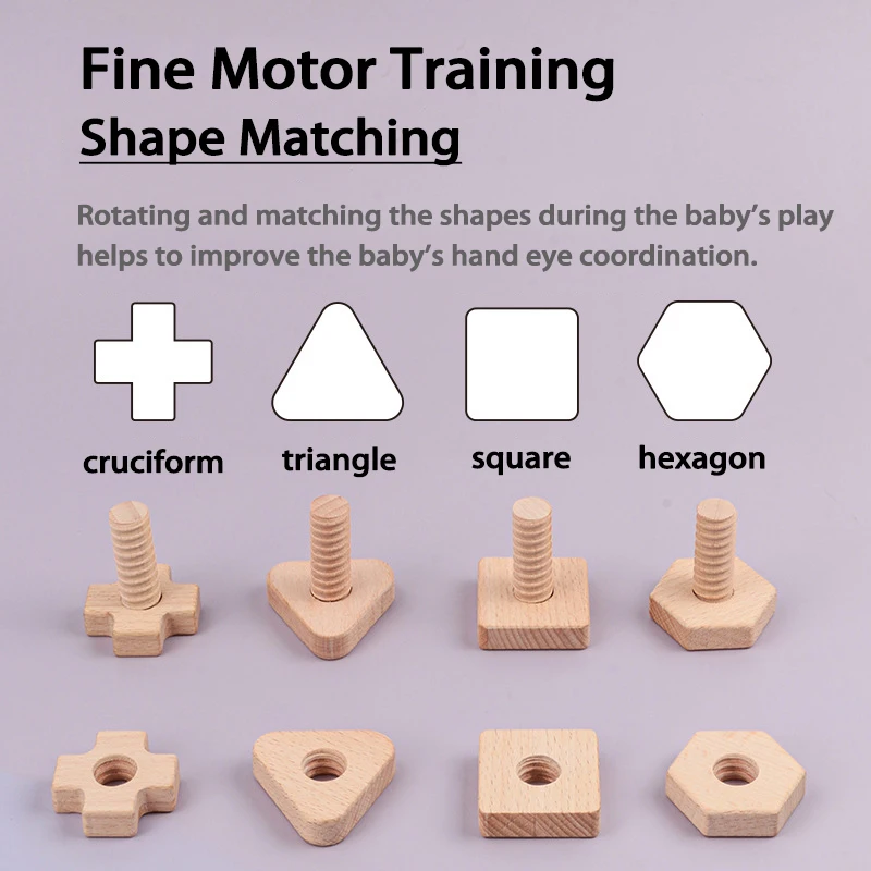 Beech Baby Toys Screw Nut Wooden Building Block Early Education Geometry Shape Matching Toy Fine Motor Skill Blocks for Toddlers