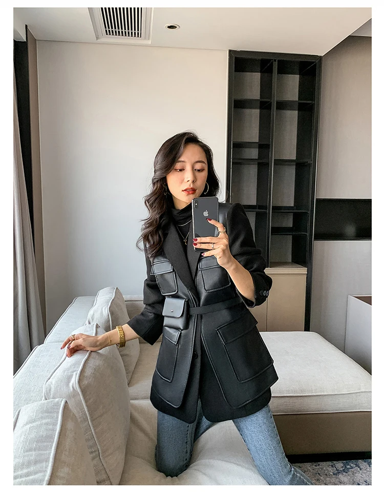 Nerazzurri Autumn Black Wool Blends Patchwork Leather Jacket Women with Many Pockets Long Sleeve Korean Fashion Streetwear 2022