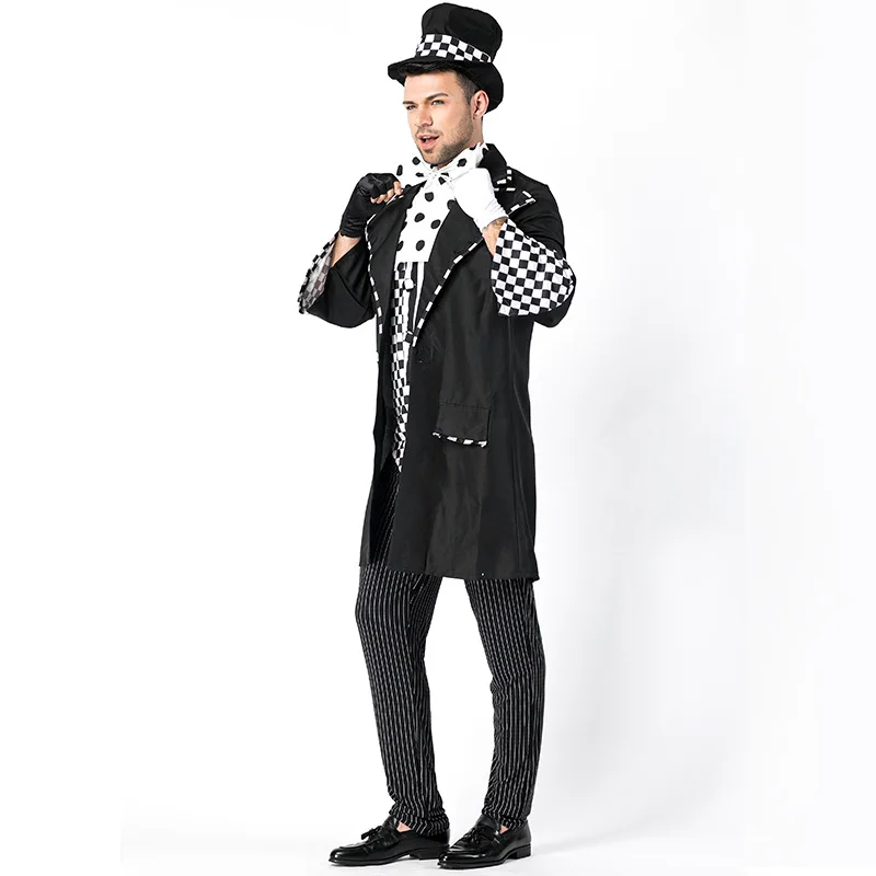 Deluxe Man Circus Magician Tuxedo Costume Halloween Stage Performance Alice In Wonderland Mad Hatter Purim Cosplay Dress