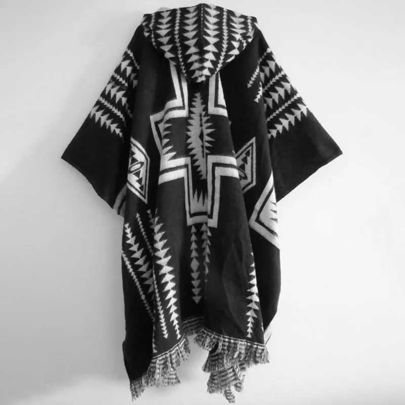 Spring Autumn Men Poncho Shawl Jackets Retro National Pattern Printed Knitting Women Hooded Coats Ladies Sleeveless Cape Outwear