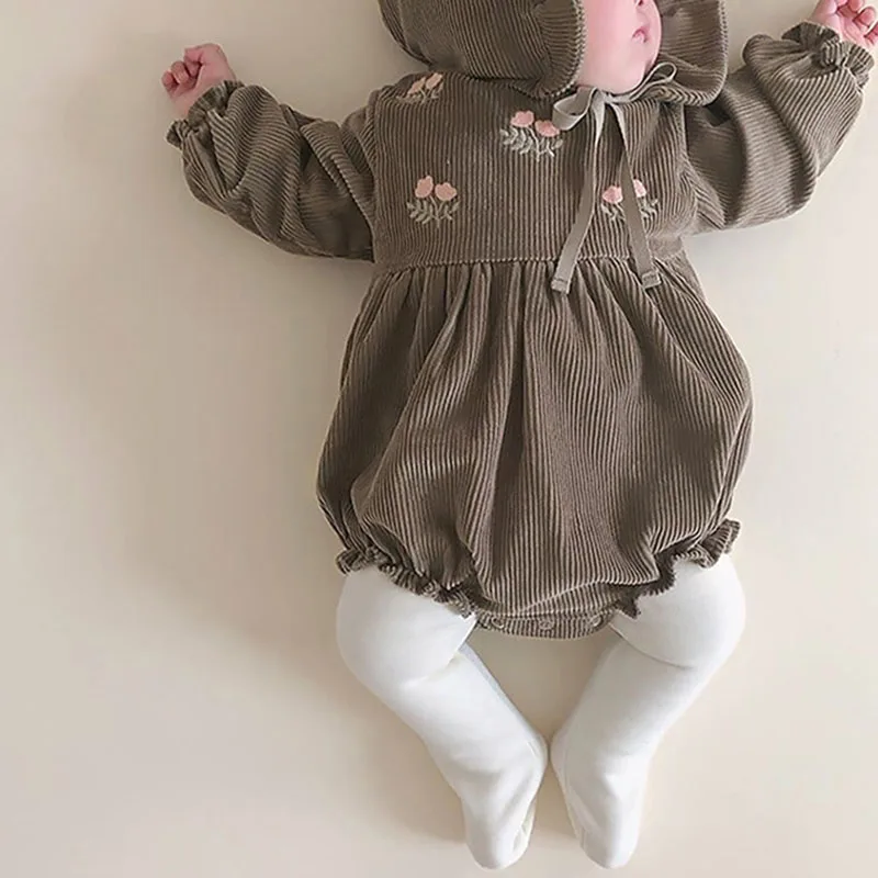 Infant Baby Girls Jumpsuit Vintage Embroidered Corduroy Korean Style Spring Autumn Baby Clothes Toddler Baby Girl Romper+Hat