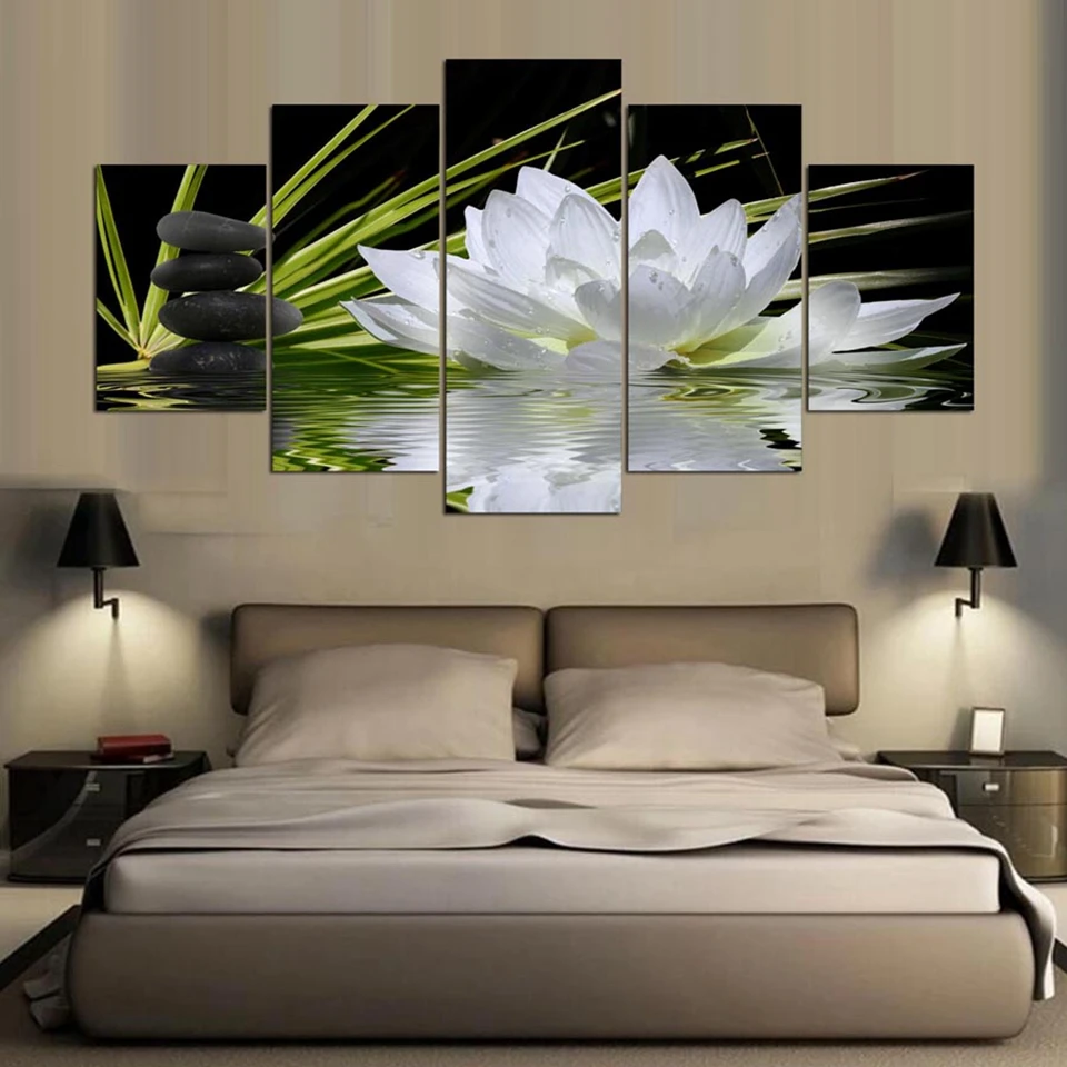 

5 Pcs White Lotus Flower Water Cobbleston Paintings HD Print Posters Canvas Wall Art Pictures Decoration Living Room Home Decor