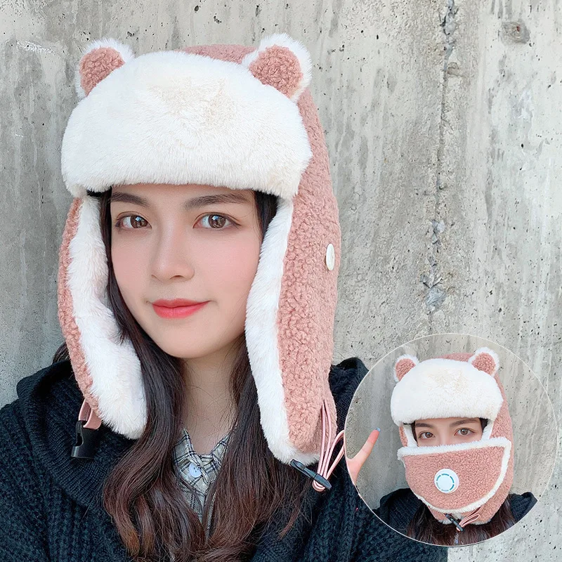 W01 Hat Women\'s Winter Thicken Winter Hat Lei Feng Cap Ushanka Hat Cartoon Ears New 2021 Fashion Cold Cap Face Mask Pilot Cap