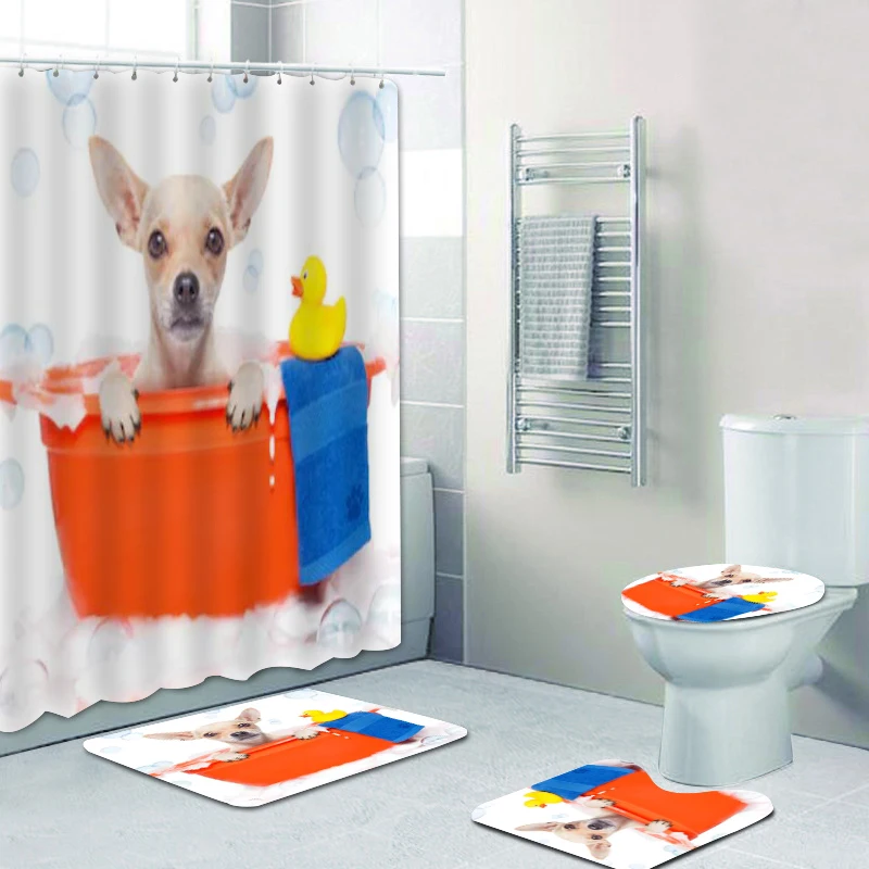 Jack Russell Terrier Dog Shower Curtain Set for Bathroom Cute Pugdog Puppy Bath Curtain Animal Puppy Bathtub Accessories Decor