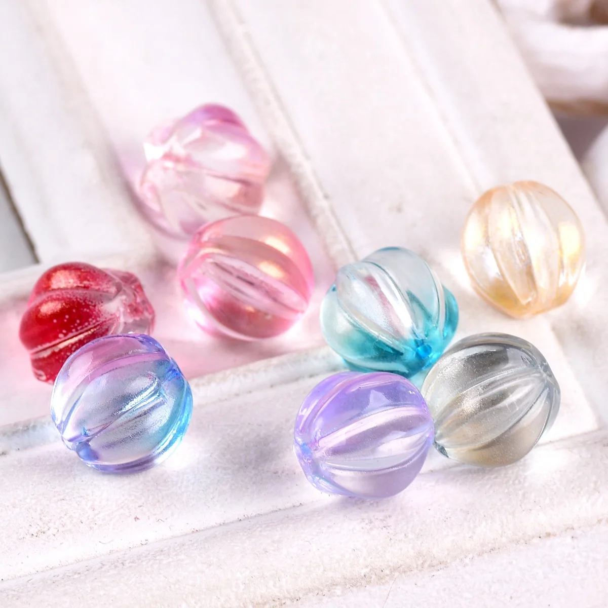 20pcs Round Plicated Pumpkin Shape 8mm 10mm Crystal Lampwork Glass Loose Beads for Jewelry Making