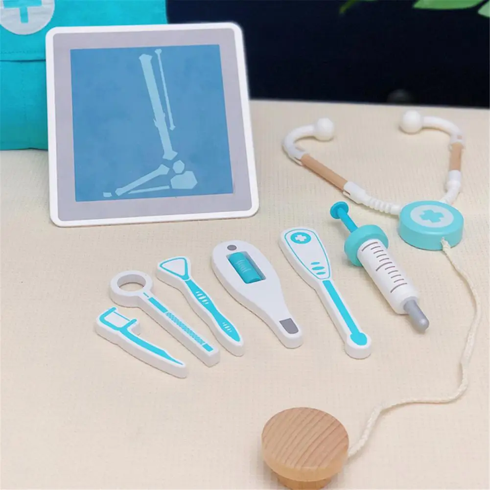 17Pcs Set Children Wooden Doctor Case Role Play Pretend Toy Set With Stethoscope Otoscope And Dental Mirror Toy Kids Gifts