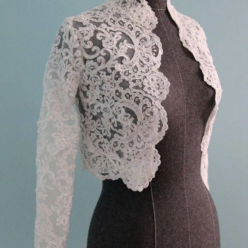 New Arrive White Ivory Bolero Wedding Accessories Bridal Wraps Jackets Front Open Long Sleeve Top Lace Appliques Custom Jacket