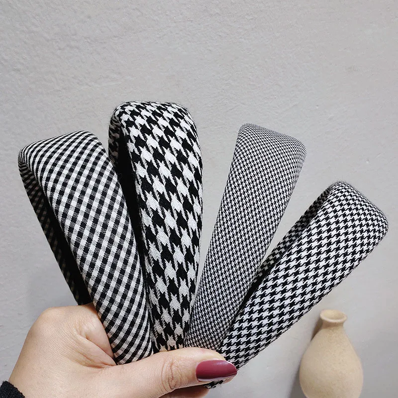 

Houndstooth Pattern Hair Hoop Bands Female Headwear Black Plaid Check Lightly Padded Headband Fashion Women Hair Accessories