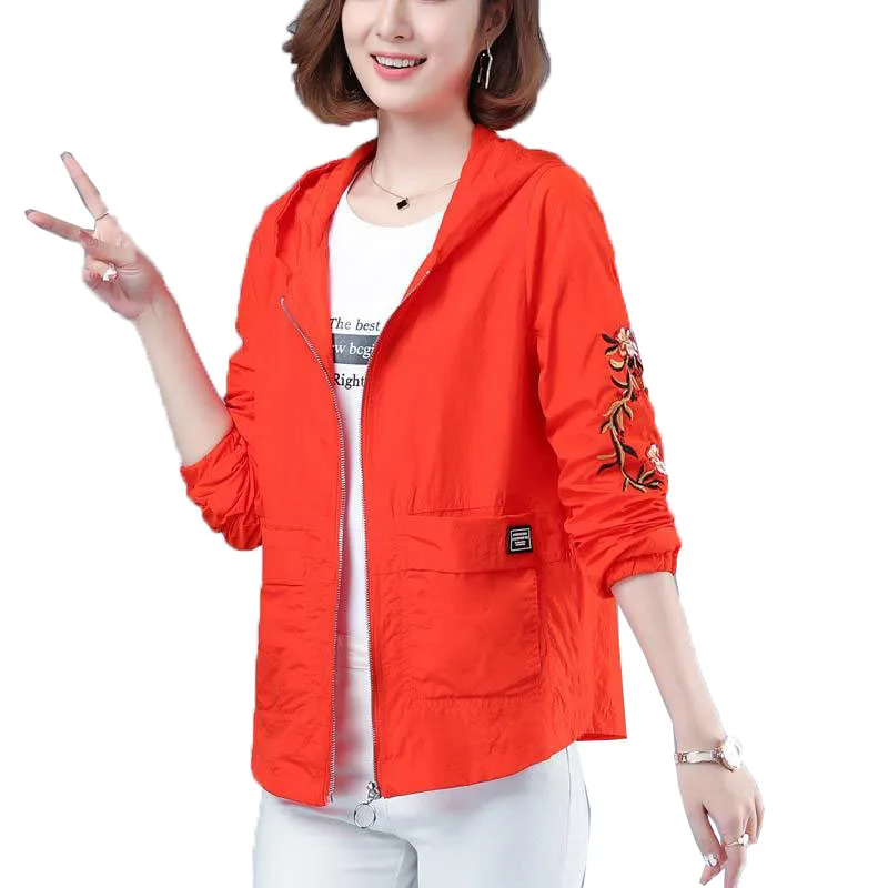 

2023 Summer Thin Windbreaker Embroidered Loose Hooded Coat Casual Female Baseball Uniform Outwear Women Jackets 5XL