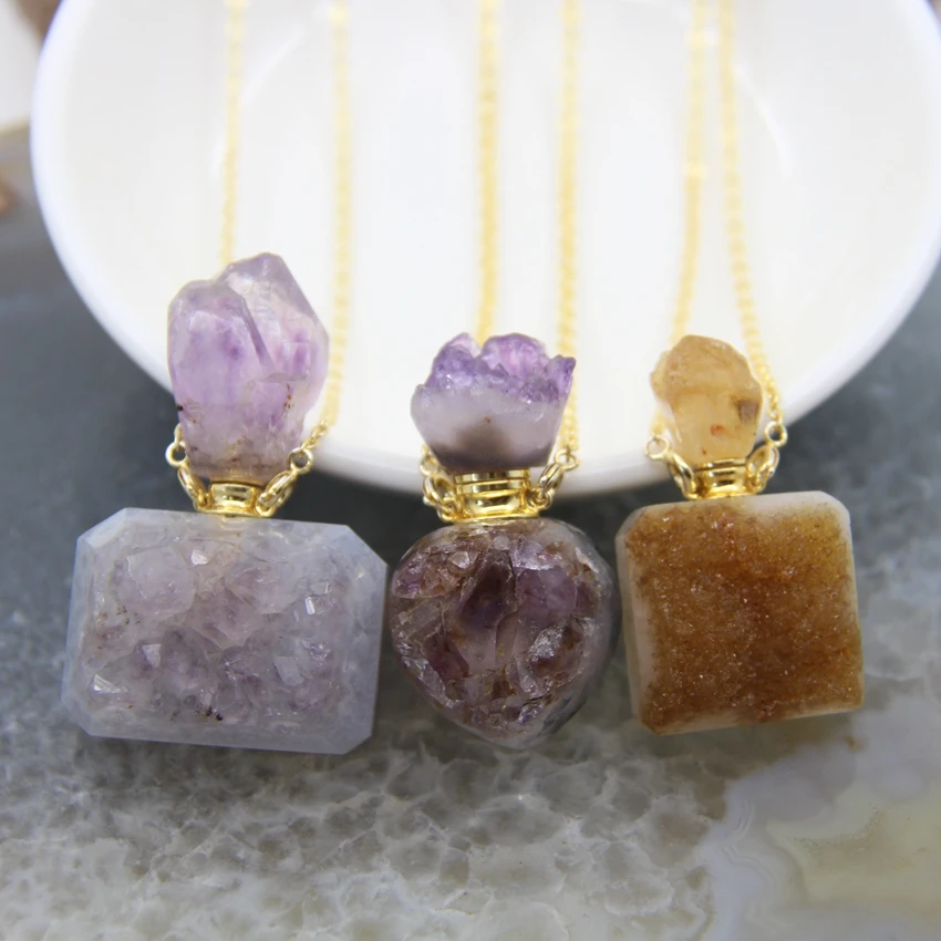 Natural Amethysts/Citrines Druzy Personalized Perfume Bottle Necklace Charms Pendants,Crystal Quartz Essential Oil Diffuser