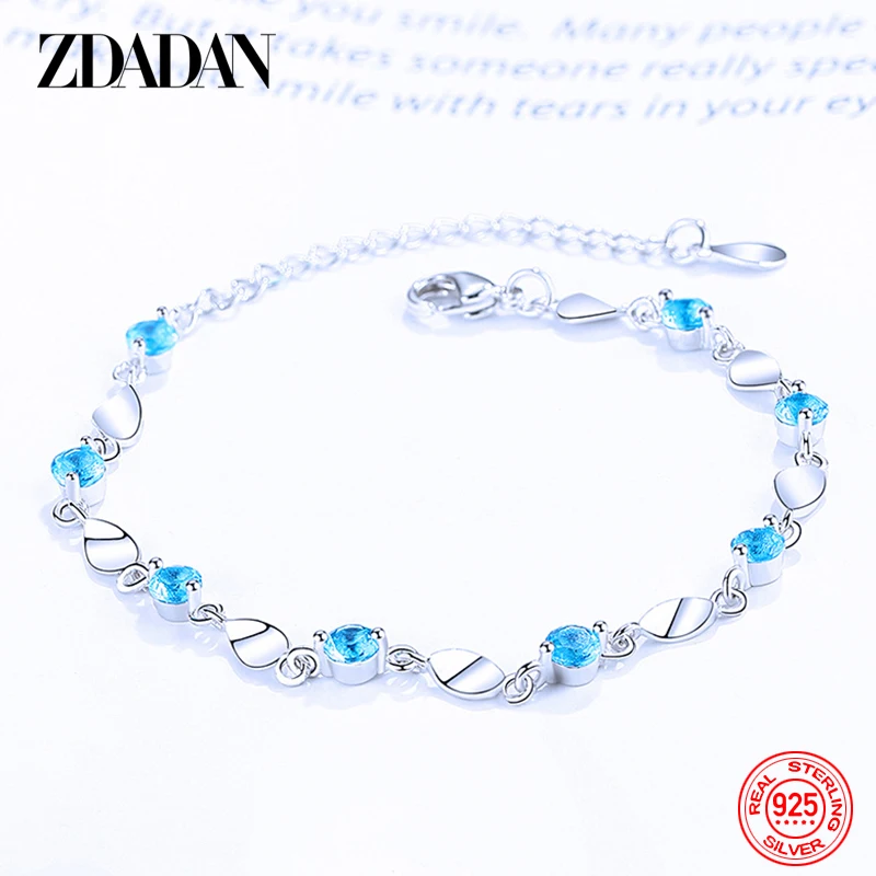 ZDADAN 925 Sterling Silver Geometric Blue Crystal Fashion Women Bracelet Chain Wedding Jewelry Party Gift