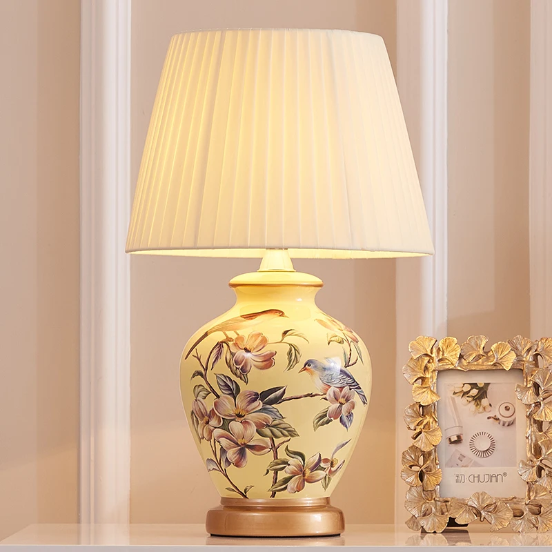 Chinese flower&bird ceramic Table Lamps Classical yellow body dimmer touch fabric E27 LED lamp for bedside&foyer&studio MF029