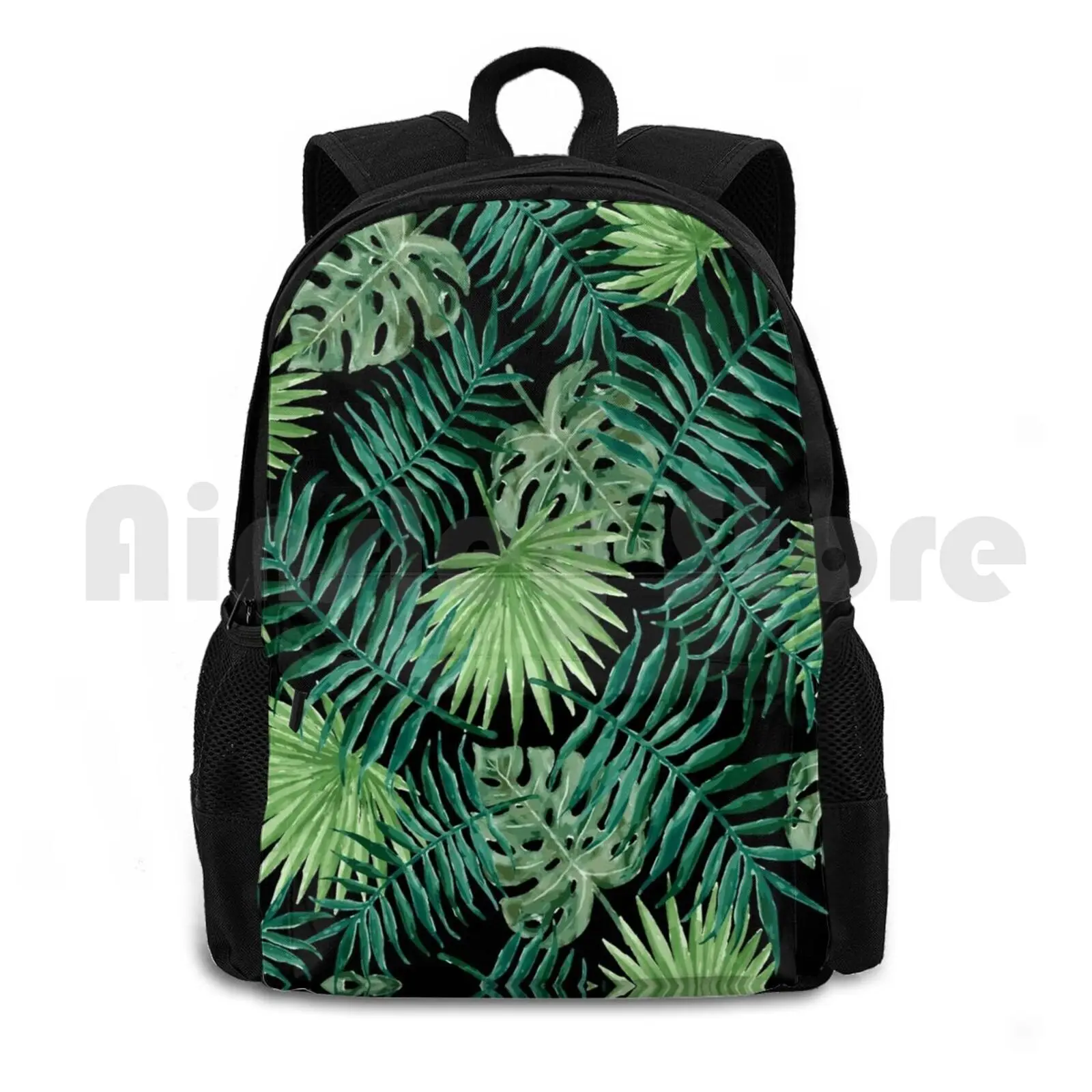 Tropical Palm Fronds And Ferns In Black Outdoor Hiking Backpack Riding Climbing Sports Bag Palm Fronds Tree Tropical Summer