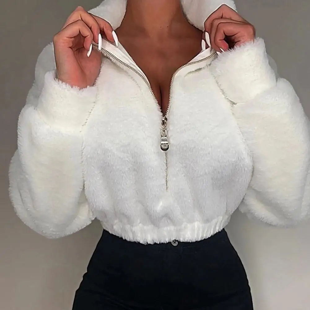 Women Sweatshirt Solid Color All Match Faux Fur Warm Waist Tight Pullover for Autumn Winter