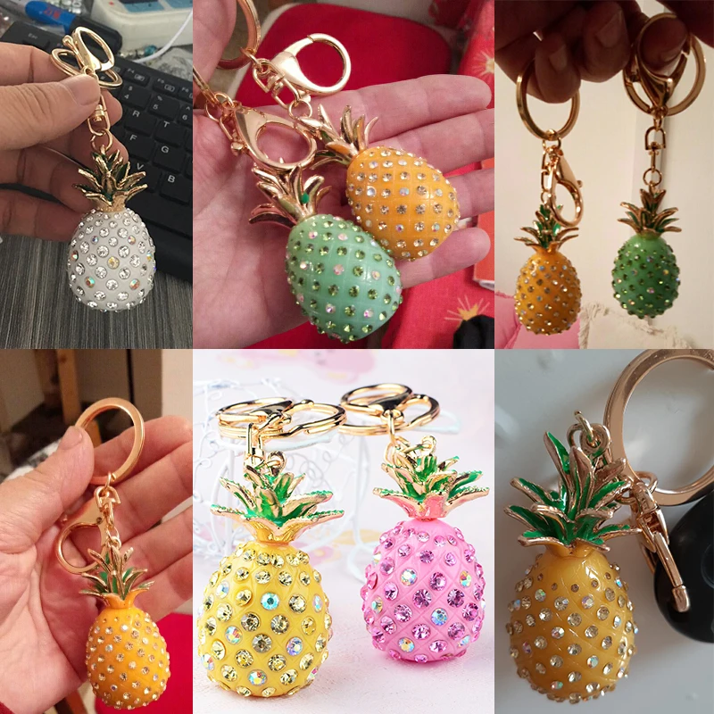 Colorful Stone Pineapple Car Keychain Men Shining Fruit Key Chain Gold Color Chains Circle Key Ring Female Fashion Jewelry Gifts