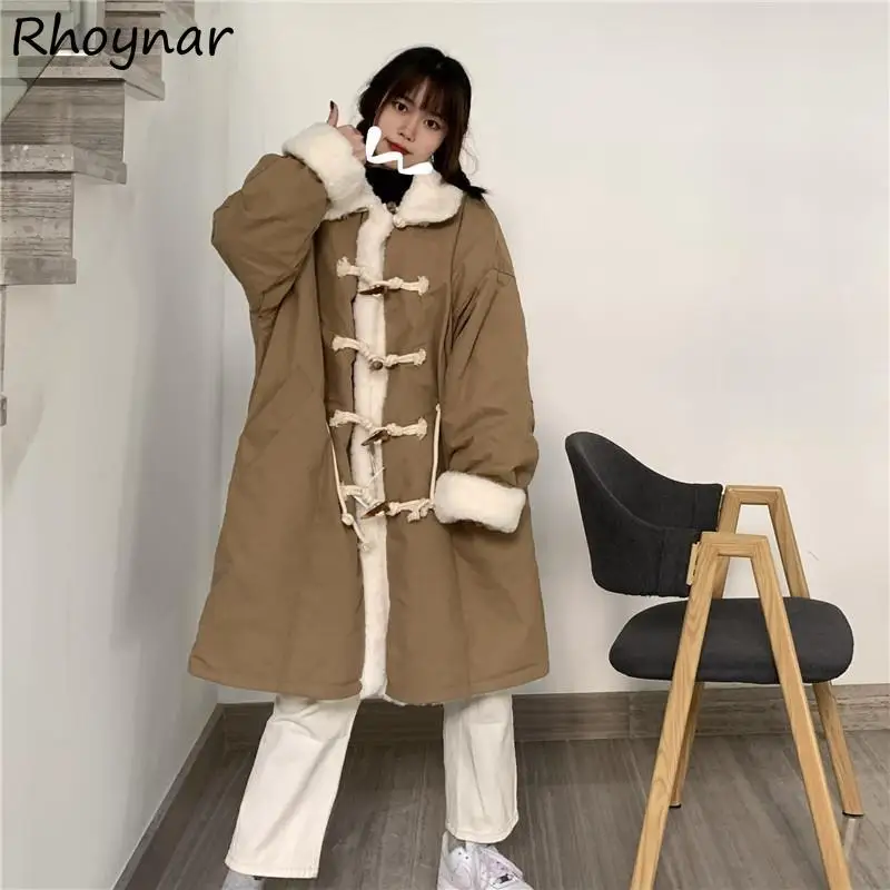 Parkas Women Turn-down Collar Fashion Horn Button Classic Design Warm Thicker Mujer Outwear Casual Winter All-match Solid Preppy