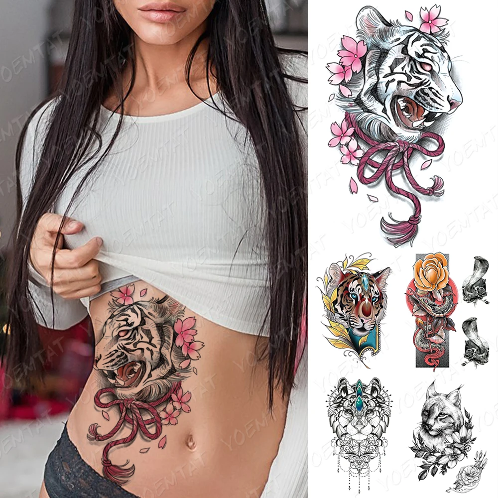 Waterproof Temporary Tattoo Sticker Tiger Sakura Circus Flash Tattoos Dark Snake Jewelry Lace Cat Body Art Arm Fake Tatoo Women