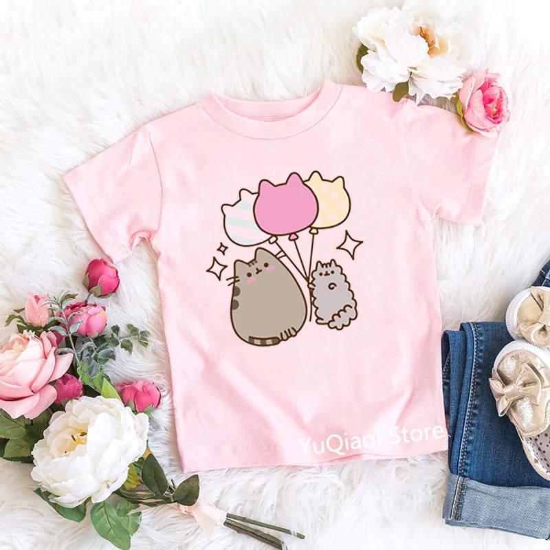 Summer 2021 Harajuku Kawaii Cartoon Grey Cat Print T-Shirt Kids Funny T Shirts Children's Clothes Baby Girl Tshirt Boy Tops Tees