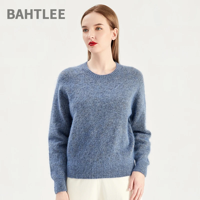 BAHTLEE-Women's Wool Mohair Short Pullover, O-Neck Sweater, Long Sleeves, Knitted Jumper, Keep Warm, Loose Style, Gray, Autumn