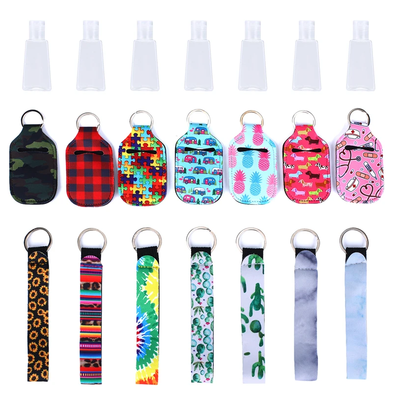 7set Empty Travel Size Bottle Bowl Keychain Neoprene Sanitizer Holder Bags With 30 Ml Flip Cap Refillable Bottles For Liquids