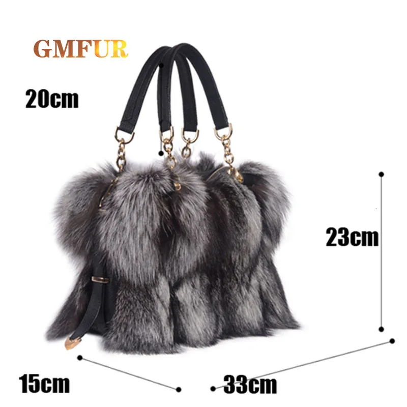 Ladies Purses 100% Real Silver Fox Fur Shoulder Messenger Women Crossbody Bags For Luxury Designer Dinner Bag Wallet Handbag