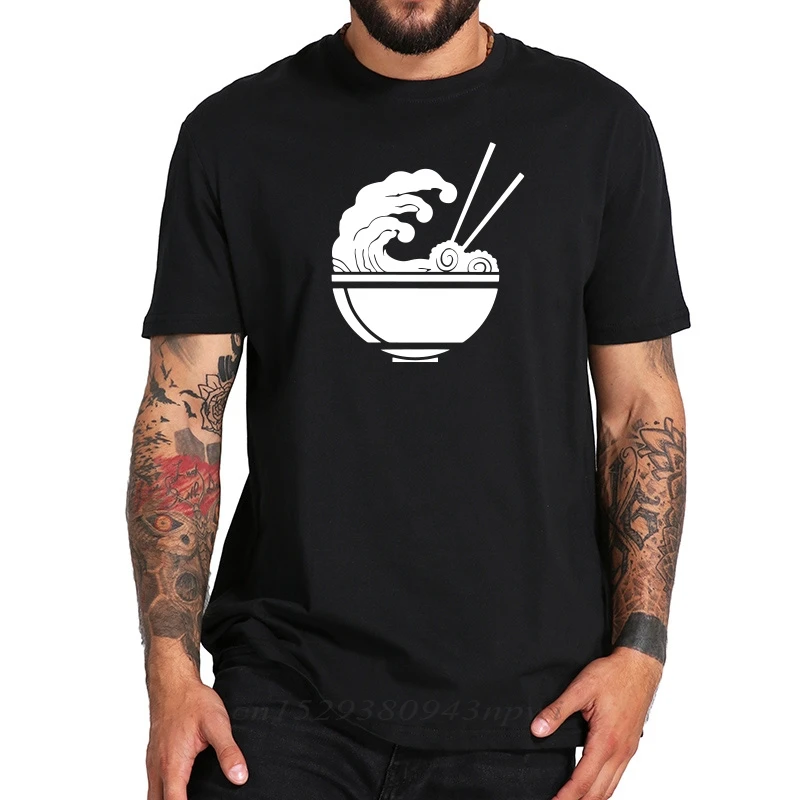 EU Size 100% Cotton Kanagawa Surf T Shirt Men Noodles Wine Glass Artistic Design Black Great Wave Tee Tops Male T-shirts