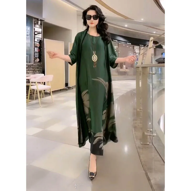 Silk Dress Two-Piece Women\'s Elegant Floral Plus Size Dress Casual Beach Vintage Long Dress mother dress 2023 Summer New Fashion