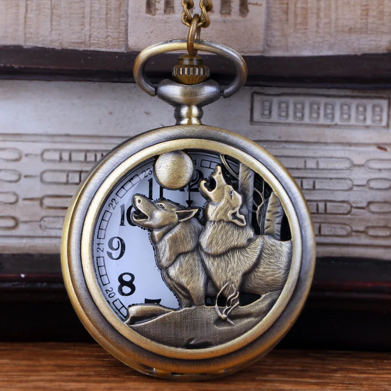 Bronze hollow double wolf pattern beautifully carved pocket watch Vintage thin chain quartz pocket watch