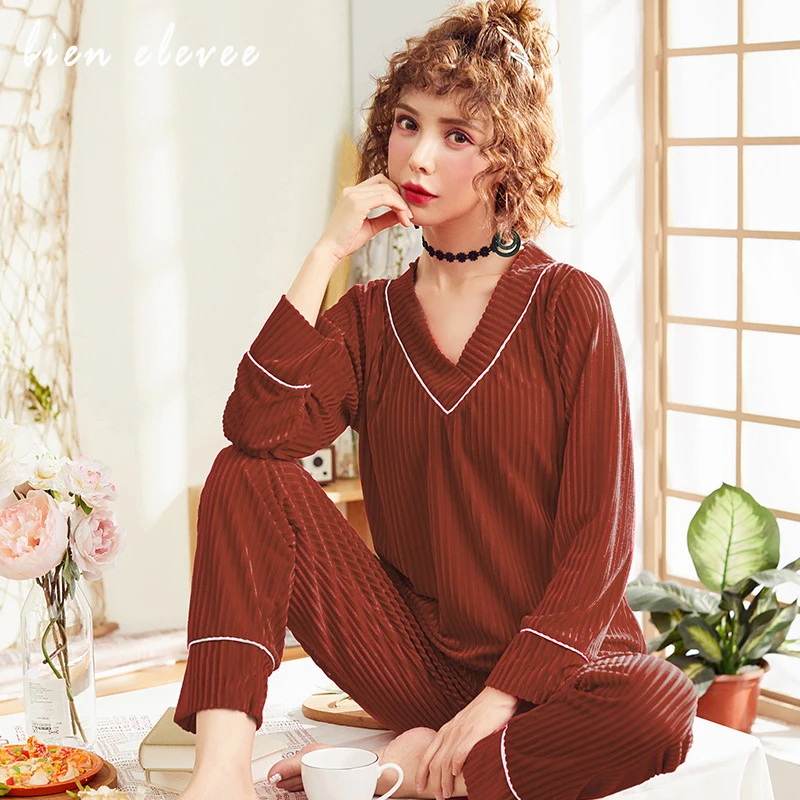 New Velvet Pajamas Sets for Women 2 Pieces Warm Winter Sleepwear Pyjamas Comfortable Home Clothes Suit Femme Autumn Nightwear