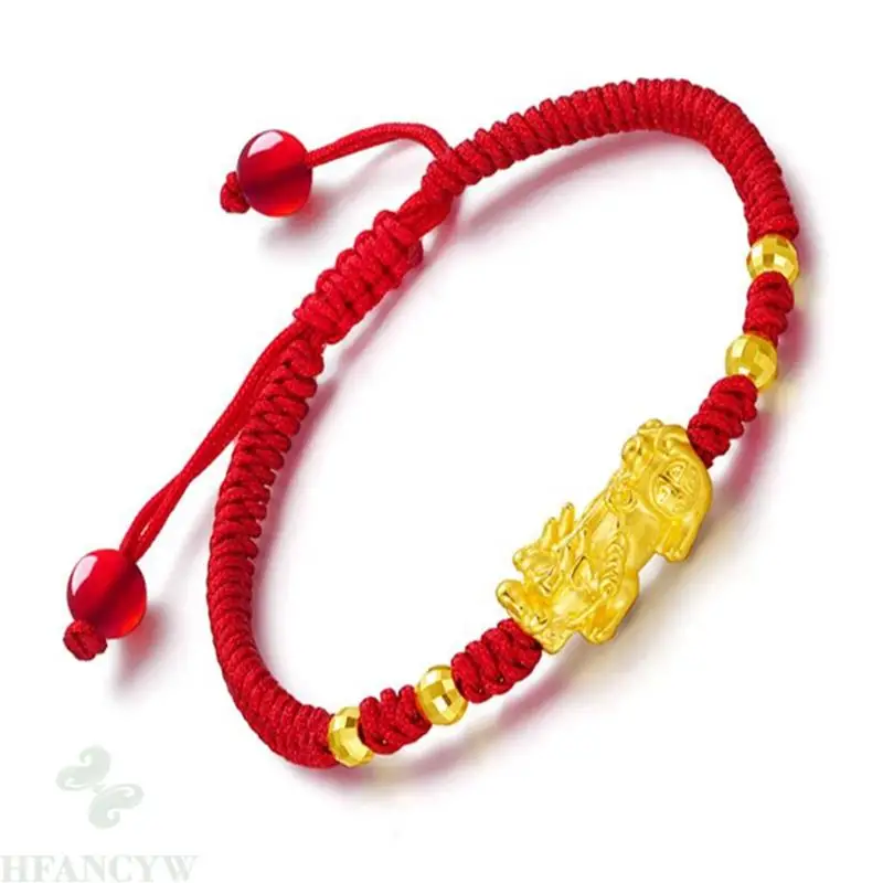 

New 24k Gilded Man And Woman's 3d Lucky Brave Troops Link 3mm Bead Red Braided Rope Bracelet Buddhism Lucky Sutra Mala Prayer