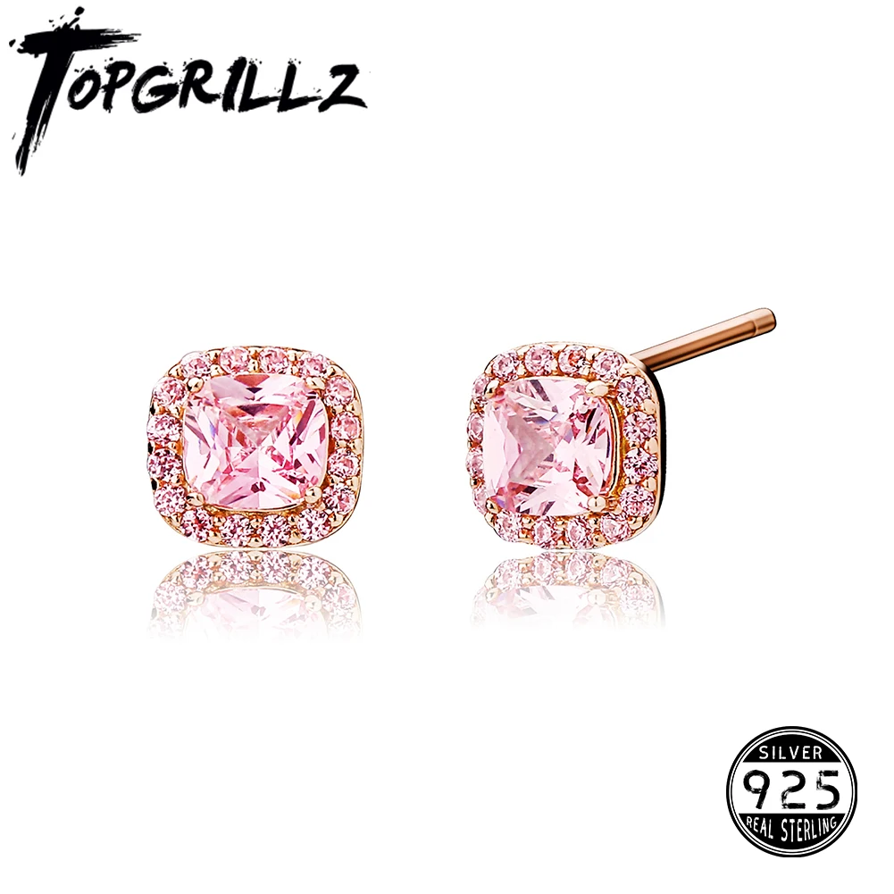 TOPGRILLZ 925 Sterling Silver 6mm Baguette Stud Earrings Iced Shine Pink Cubic Zirconia Earrings Cute Fashion Jewelry For Women