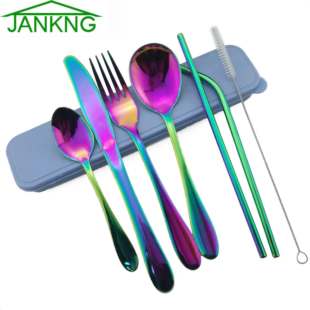 8Pcs/Set Rainbow Silverware Set Dinnerware Set Stainless Steel Knife/Fork/Teaspoon Straws With 1Brush 1Box Reusable Metal Straw