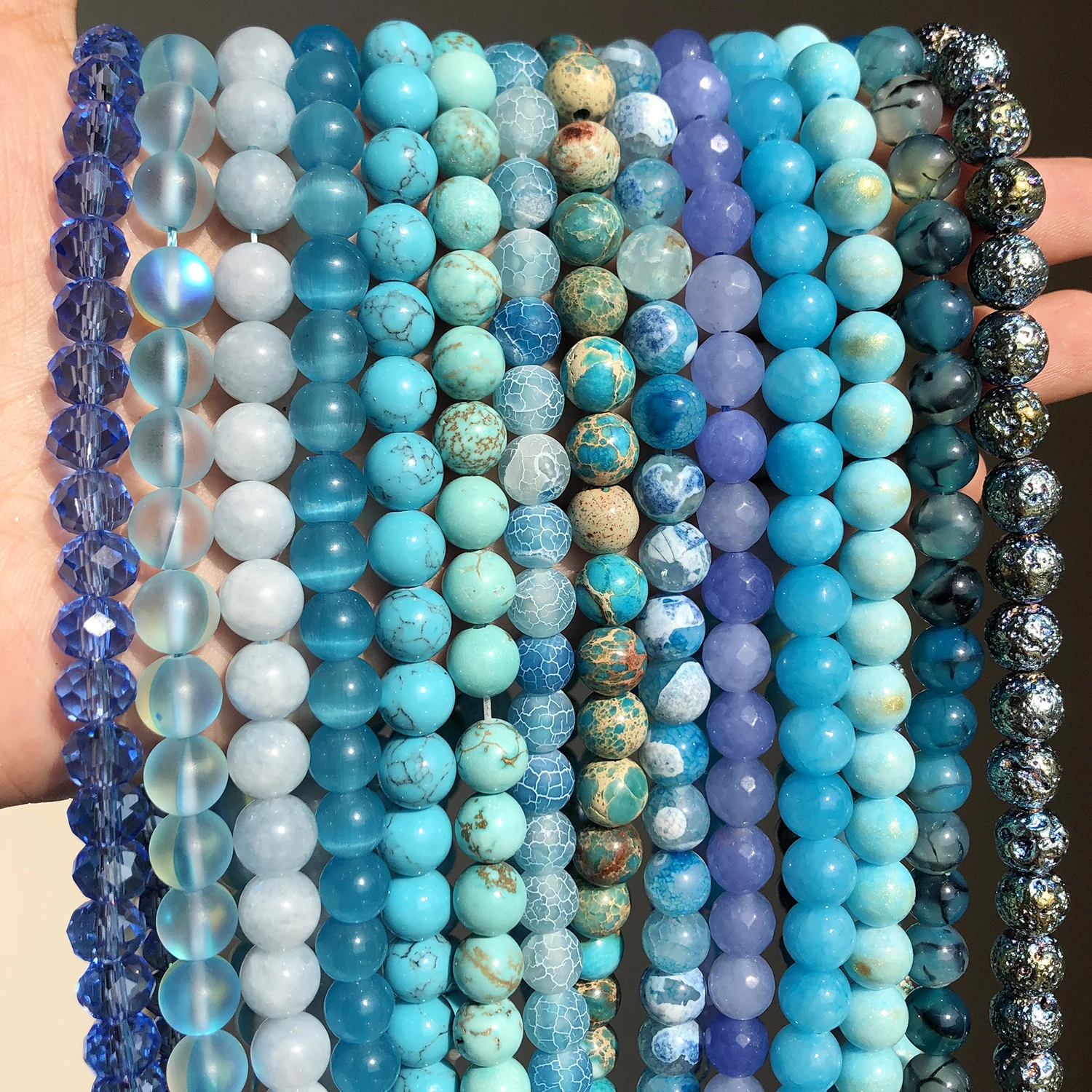 Natural Round Beads Blue Agates Jades Turquoises Rondelle Crystal Loose Stone Beads for Jewelry Making Bulk DIY Bracelet 15''