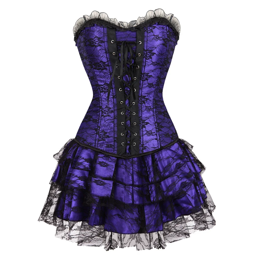 Women's Gothic Lace Trim Corset Dress Sexy Floral Bustiers And Corsets With Mini Tutu Skirt Black Purple Red Green