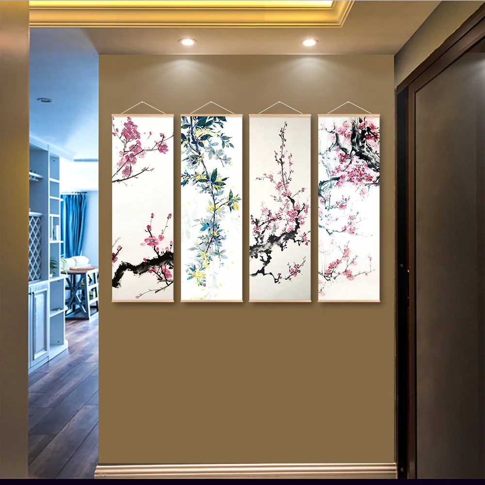 Chinese Plum Blossom Scroll Hanging Canvas Poster Vintage Flower Wall Picture Scroll Painting For Living Room Office Decor