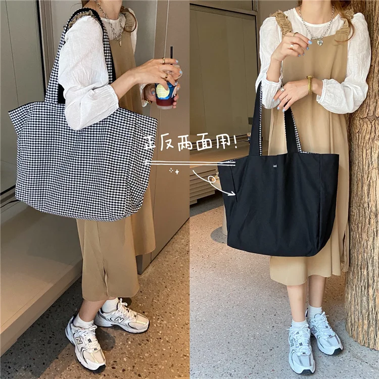 Simple Plaid Women Canvas Handbags Double-sided Ladies Large Shoulder Bag Student Girls Casual Tote Female Cloth Shopping Bags