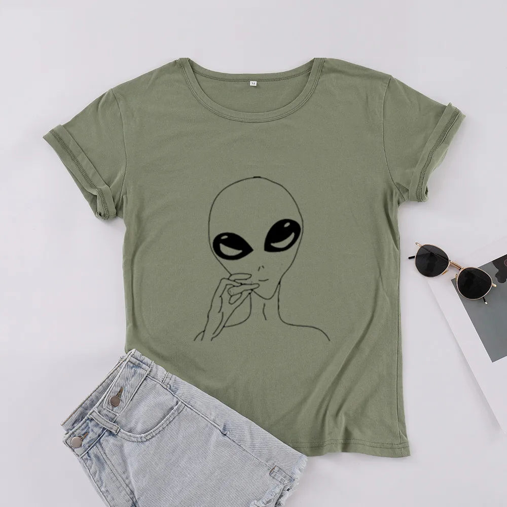 Alien Cigarette Smoking Fashion Casual Shirt Women's Short Sleeve 100% Cotton Funny Letter Print Graphic O Neck Plus Size Tshirt