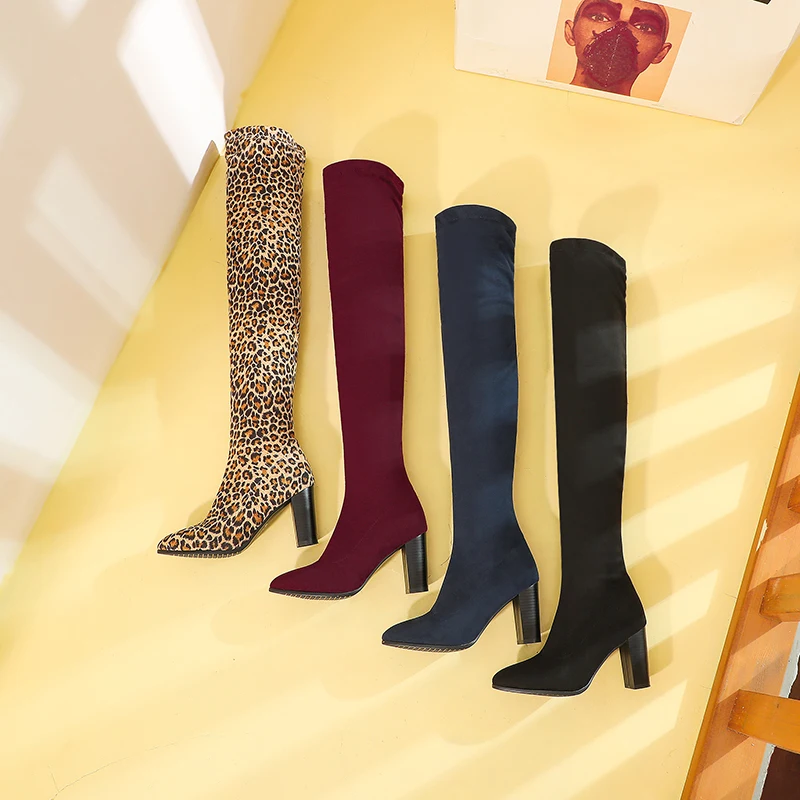 2024 Pointed Toe Suede Thick-Heeled Knee-High Boots Super Heel Burgundy Short Plush Women\'s Boots Warm Leopard Sleeve Boots Navy