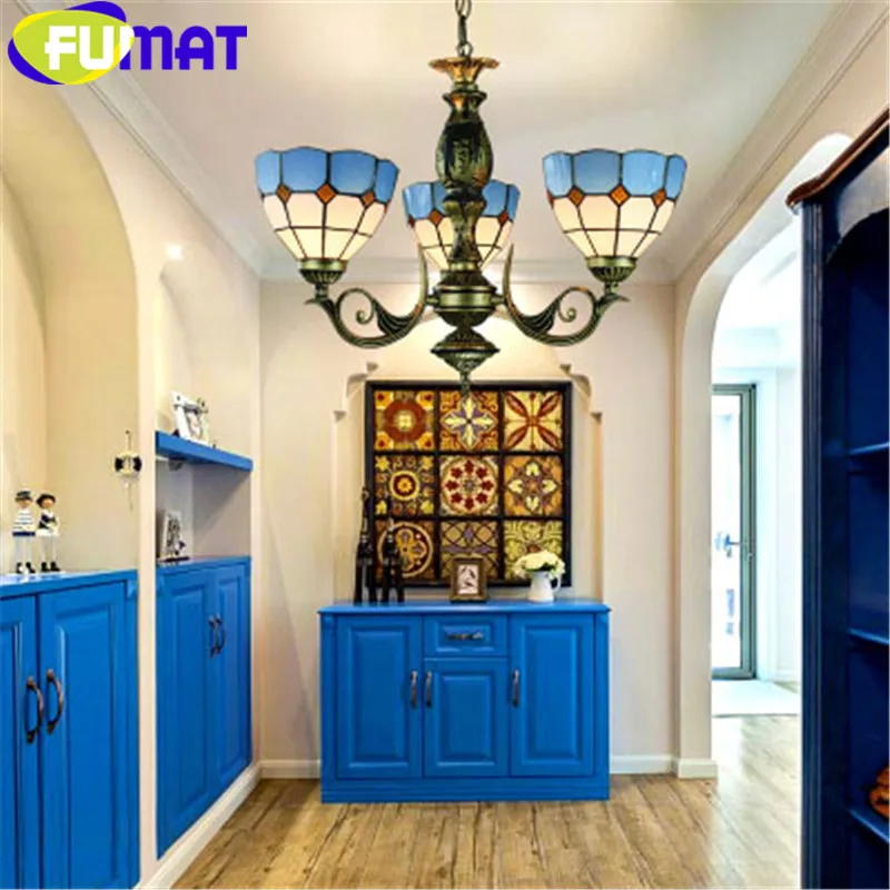 

FUMAT Chandelier Tiffany-style Pendant Light Fixture Mediterranean-style Hanglamp Blue Stained Glass Shade Ceiling Pendant Lamp