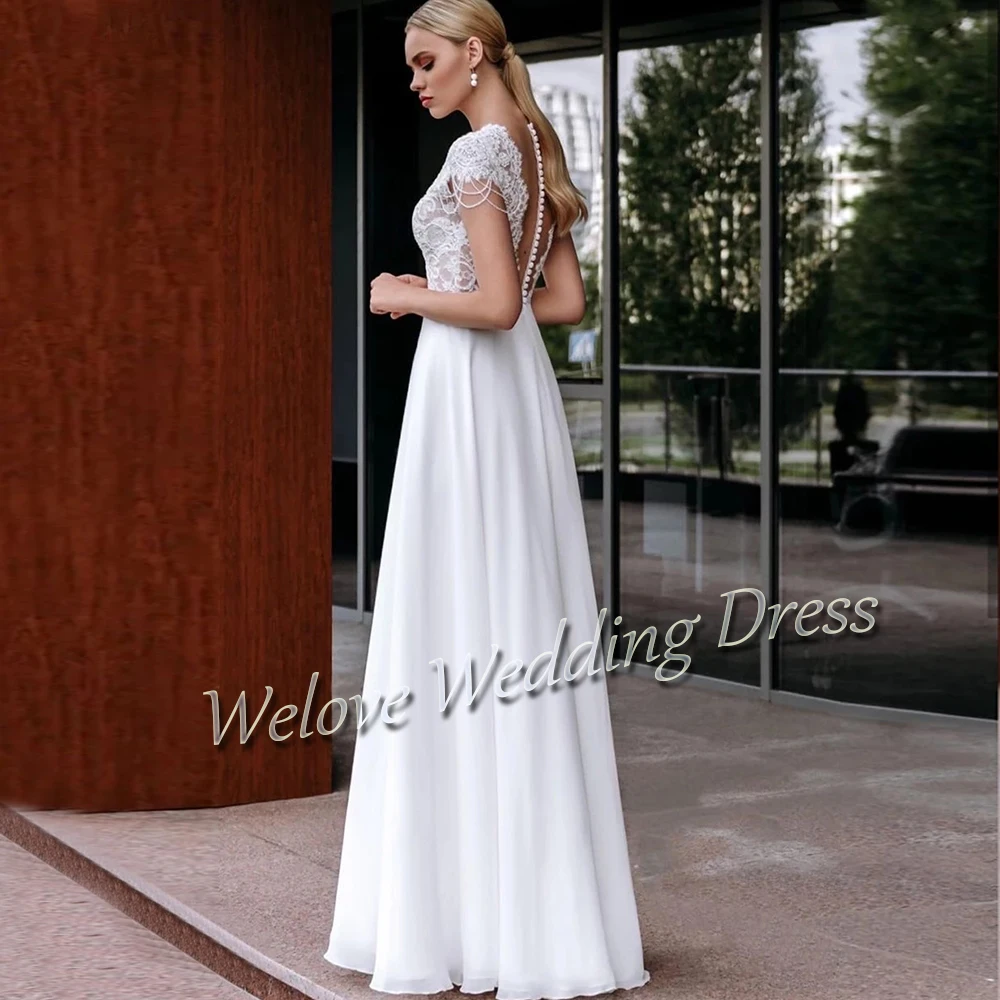 Einfache Weiß Chiffon Bodenlangen Böhmischen Hochzeit Kleid Für Braut Kurzen Ärmeln Illusion Button Zurück Zivil Brautkleider